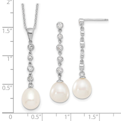 Sterlingsilber Rhodiniert 8-9mm Fwc Perle Zirkonia Ohrring/necklace Set