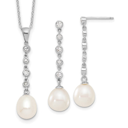 Sterlingsilber Rhodiniert 8-9mm Fwc Perle Zirkonia Ohrring/necklace Set