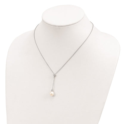 Sterlingsilber Rhodiniert 8-9mm Weiß Fwc Perle Zirkonia Tropfen Halskette