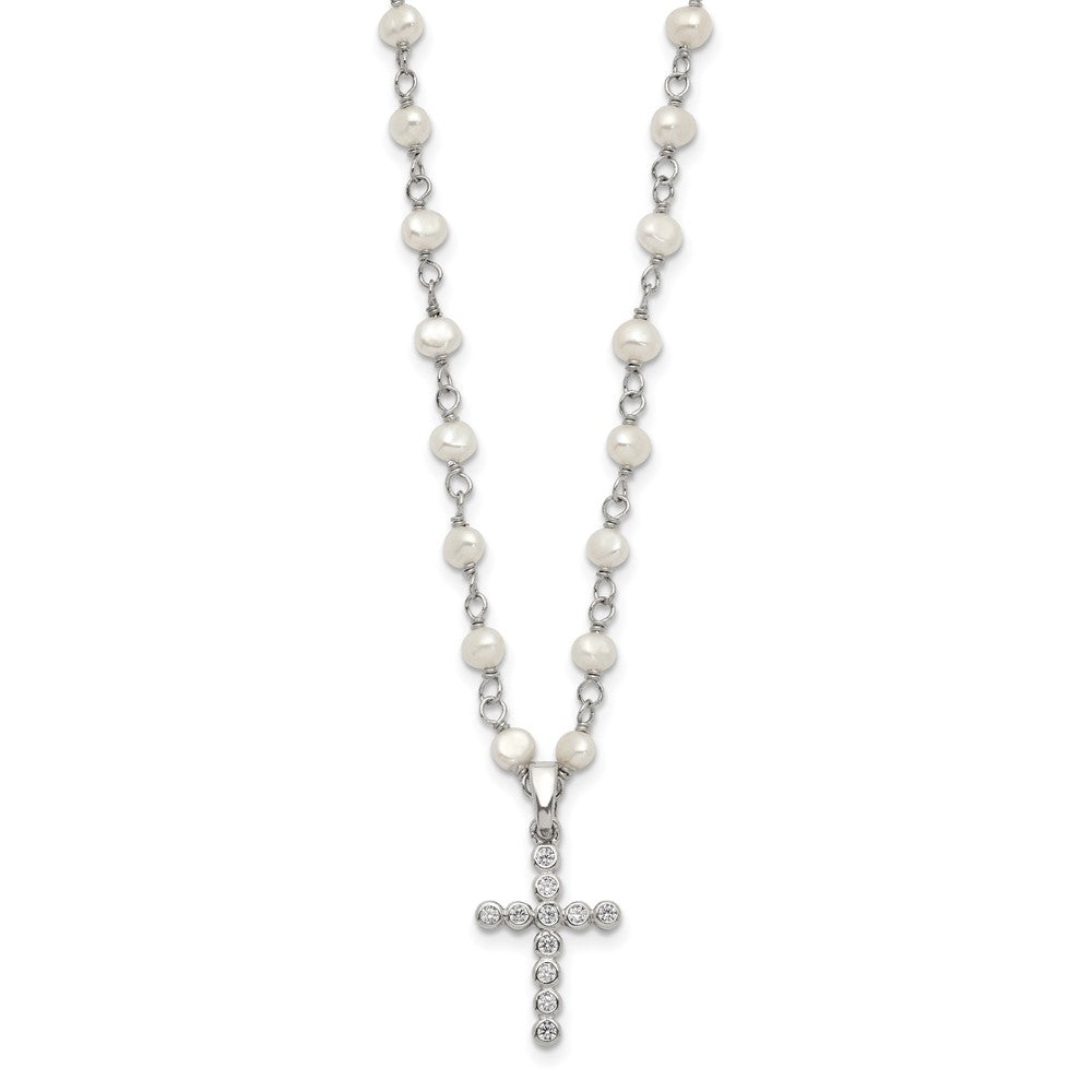 Sterlingsilber Rhodiniert 4-5mm Weiß Fwc Perle Zirkonia Kreuz Halskette