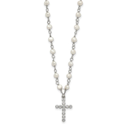 Sterlingsilber Rhodiniert 4-5mm Weiß Fwc Perle Zirkonia Kreuz Halskette