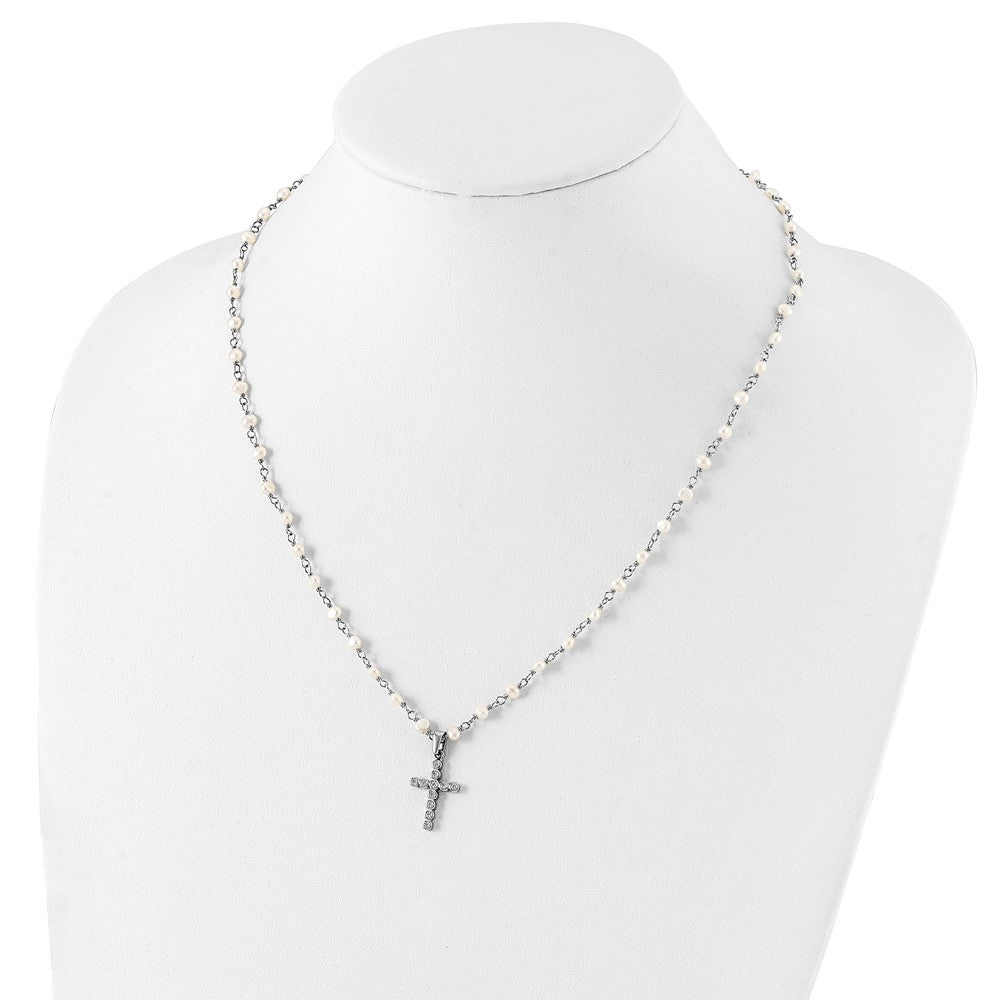 Sterlingsilber Rhodiniert 4-5mm Weiß Fwc Perle Zirkonia Kreuz Halskette