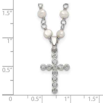 Sterlingsilber Rhodiniert 4-5mm Weiß Fwc Perle Zirkonia Kreuz Halskette