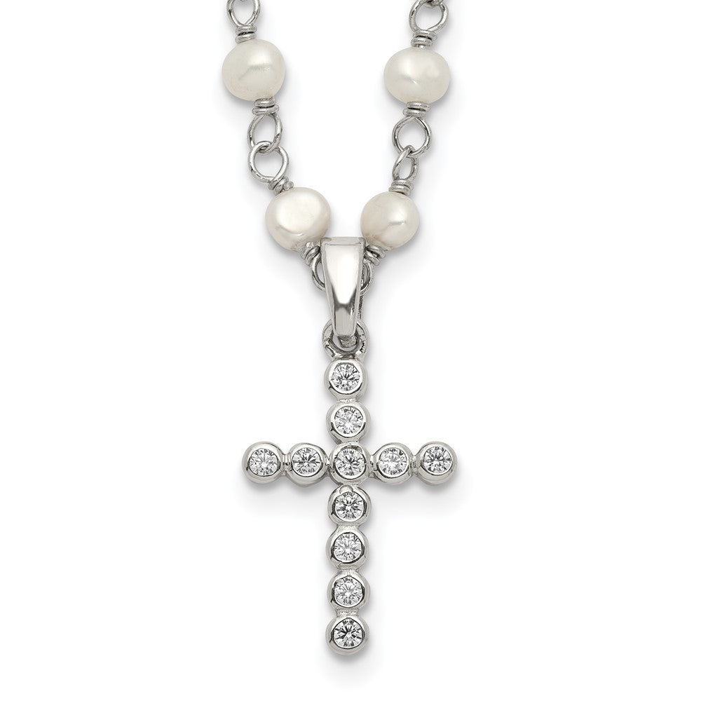 Sterlingsilber Rhodiniert 4-5mm Weiß Fwc Perle Zirkonia Kreuz Halskette