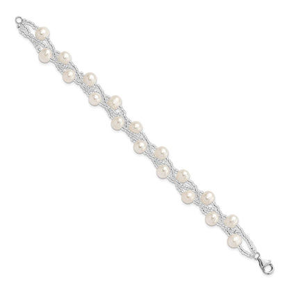 7.5 Zoll Sterlingsilber Rhodium 7-9mm Fwc Perle & Glas Gekugelt Multi-strnd Armband