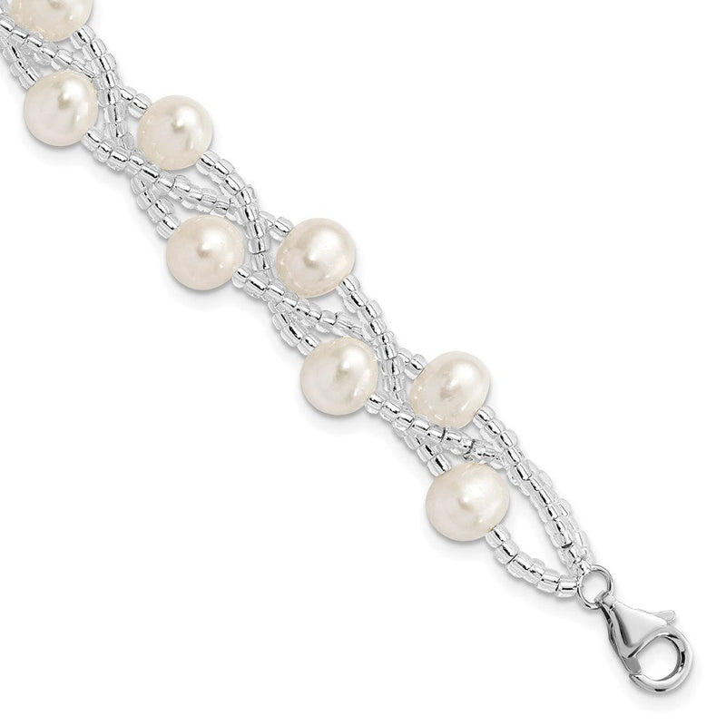 7.5 Zoll Sterlingsilber Rhodium 7-9mm Fwc Perle & Glas Gekugelt Multi-strnd Armband