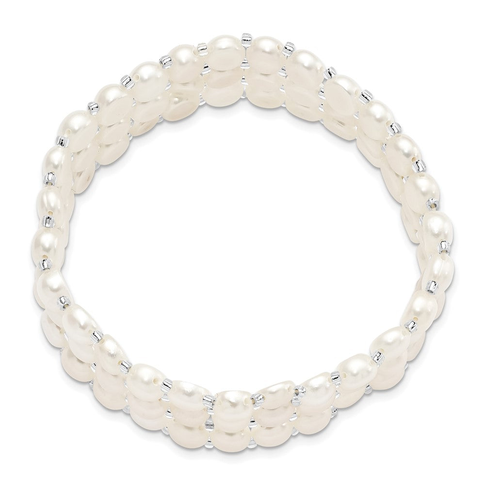Mode 6-7mm Weiß Knopf Süßwasser Zuchtperle und Glas Gekugelt 3-row Dehnbar Armband