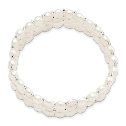 Mode 6-7mm Weiß Knopf Süßwasser Zuchtperle und Glas Gekugelt 3-row Dehnbar Armband