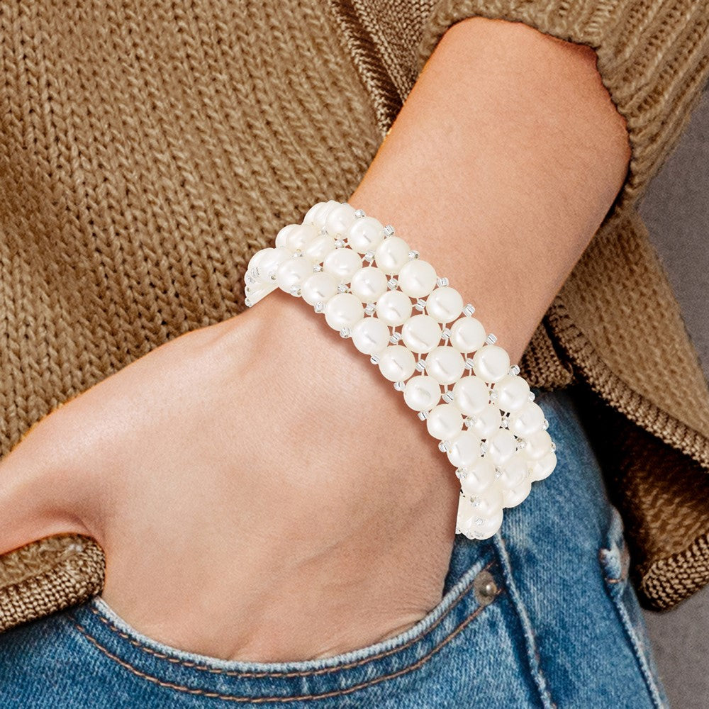 Mode 6-7mm Weiß Knopf Süßwasser Zuchtperle und Glas Gekugelt 3-row Dehnbar Armband