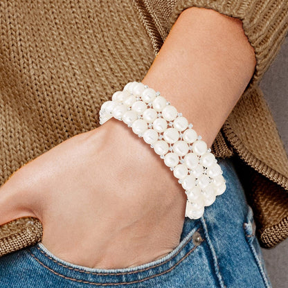 Mode 6-7mm Weiß Knopf Süßwasser Zuchtperle und Glas Gekugelt 3-row Dehnbar Armband