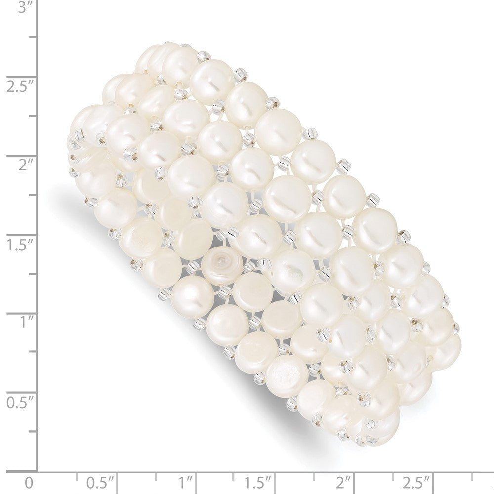 Mode 6-7mm Weiß Knopf Süßwasser Zuchtperle und Glas Gekugelt 3-row Dehnbar Armband
