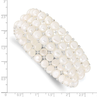 Mode 6-7mm Weiß Knopf Süßwasser Zuchtperle und Glas Gekugelt 3-row Dehnbar Armband