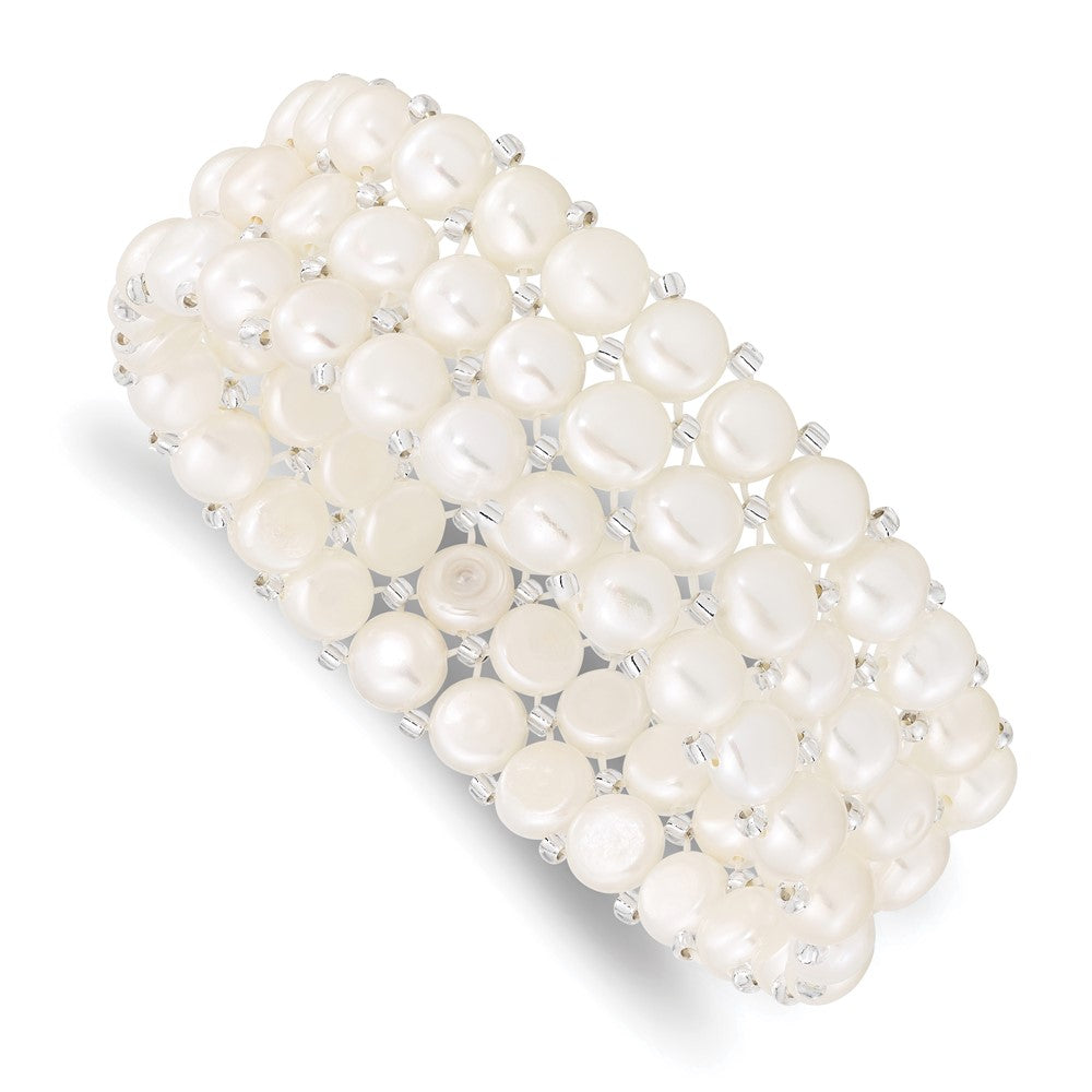 Mode 6-7mm Weiß Knopf Süßwasser Zuchtperle und Glas Gekugelt 3-row Dehnbar Armband