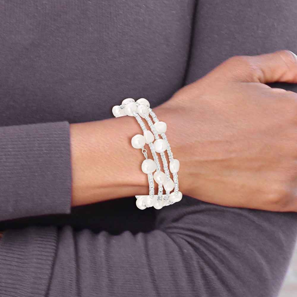 Mode 7-8mm Weiß Baroque Süßwasser Zuchtperle und Glas Gekugelt Wickel Armband