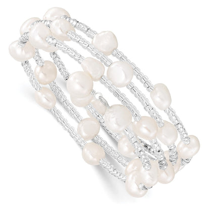 Mode 7-8mm Weiß Baroque Süßwasser Zuchtperle und Glas Gekugelt Wickel Armband
