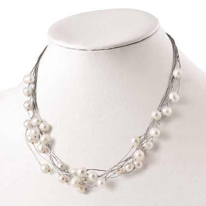 Sterlingsilber Rhodiniert 8-10mm Weiß Fwc Perle Multi-strand Halskette