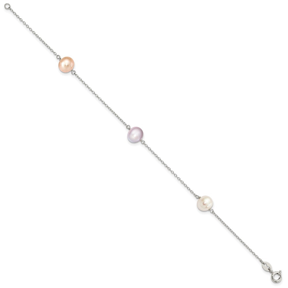 7.5 Zoll Sterlingsilber Rhodiniert-p 3-stat 7-8m Weiß/pink/pur Halb-round Fwc Perle Armband
