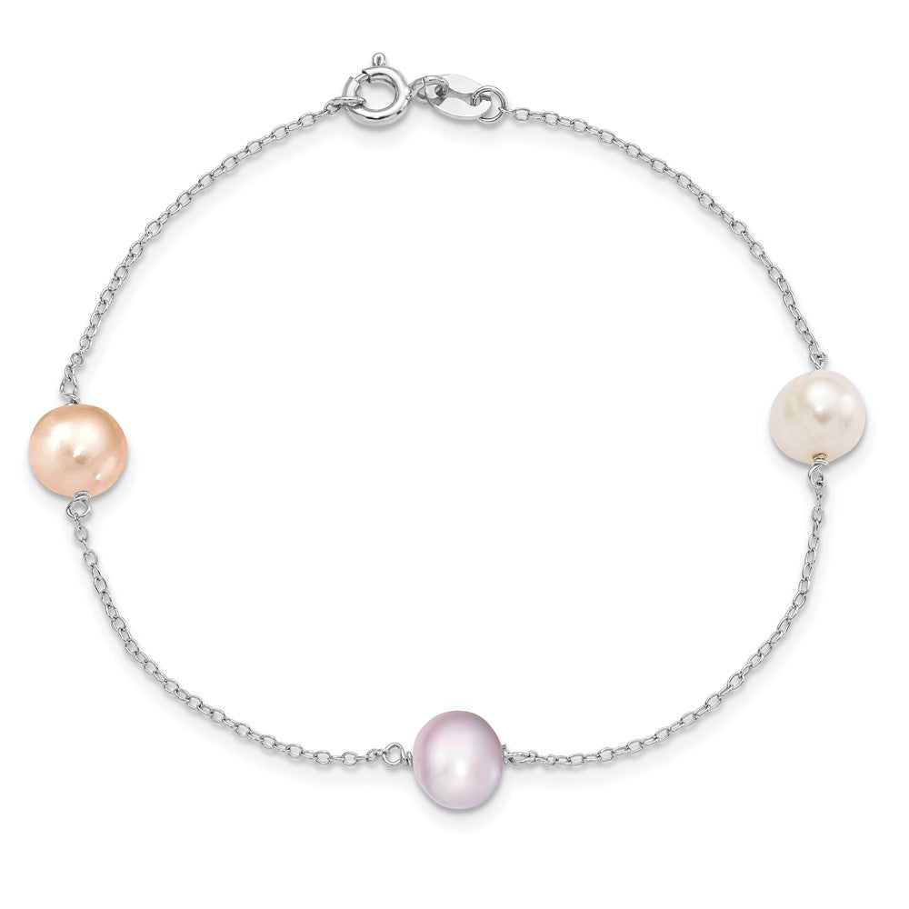 7.5 Zoll Sterlingsilber Rhodiniert-p 3-stat 7-8m Weiß/pink/pur Halb-round Fwc Perle Armband