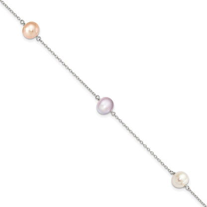 7.5 Zoll Sterlingsilber Rhodiniert-p 3-stat 7-8m Weiß/pink/pur Halb-round Fwc Perle Armband