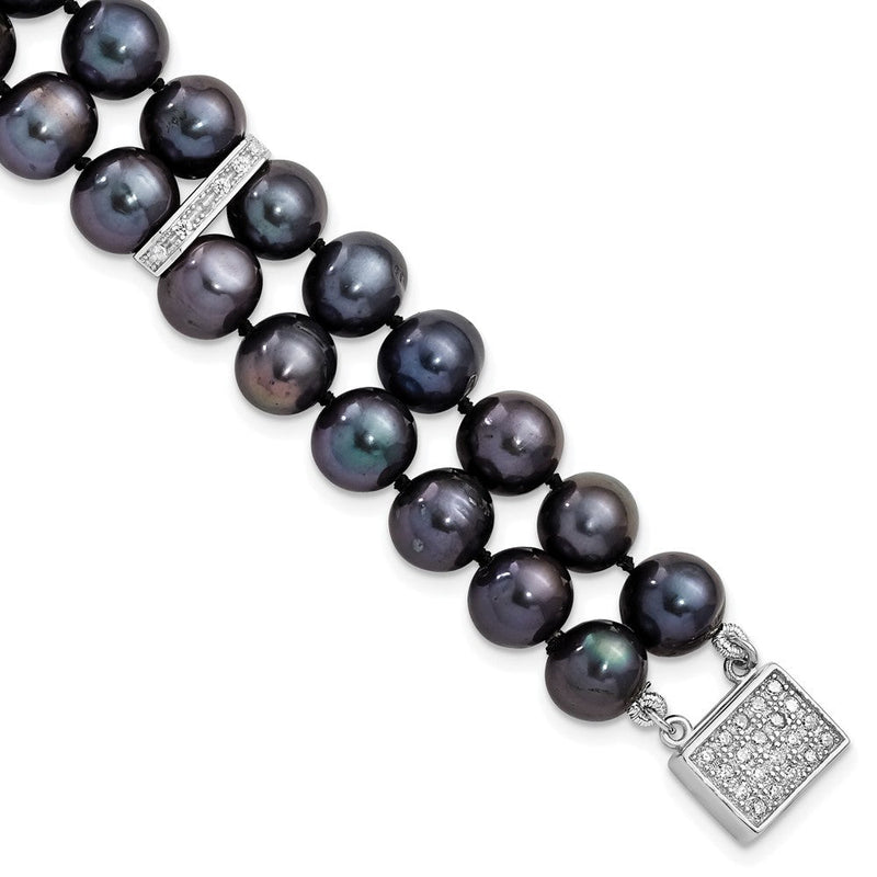 7.5 Zoll Sterlingsilber Rhodiniert 7-8mm Schwarz Fwc Perle Zirkonia 2-strand Armband