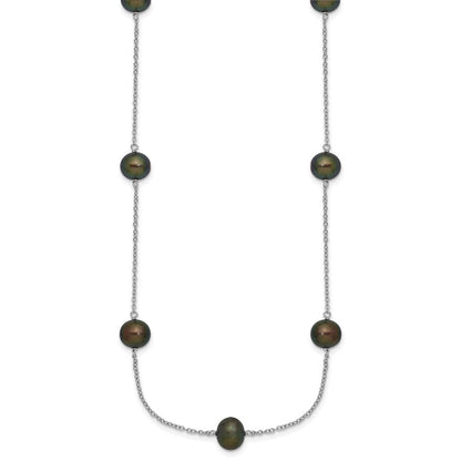 Sterlingsilber Rhodiniert 7-8mm Schwarz Fwc Perle 9 Station Halskette