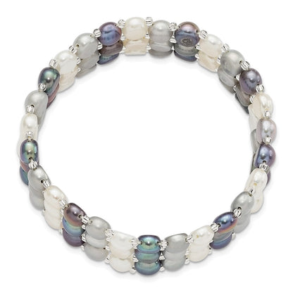 Mode 6-7mm Weiß/grey/black Knopf Süßwasser Zuchtperle und Glas Gekugelt 3-row Dehnbar Armband