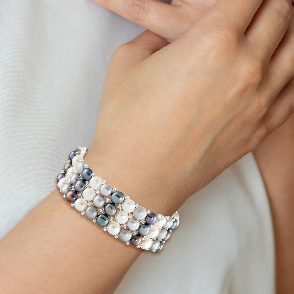 Mode 6-7mm Weiß/grey/black Knopf Süßwasser Zuchtperle und Glas Gekugelt 3-row Dehnbar Armband