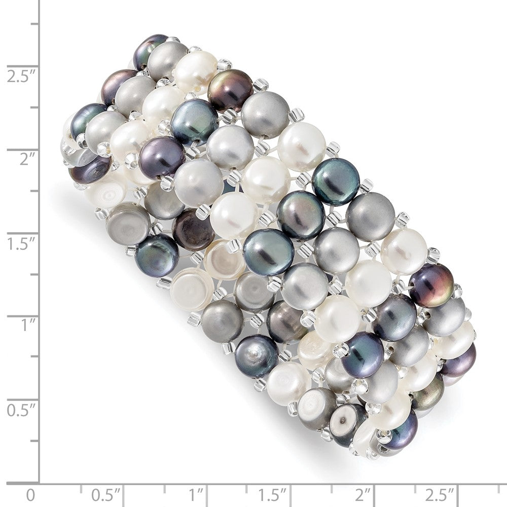 Mode 6-7mm Weiß/grey/black Knopf Süßwasser Zuchtperle und Glas Gekugelt 3-row Dehnbar Armband
