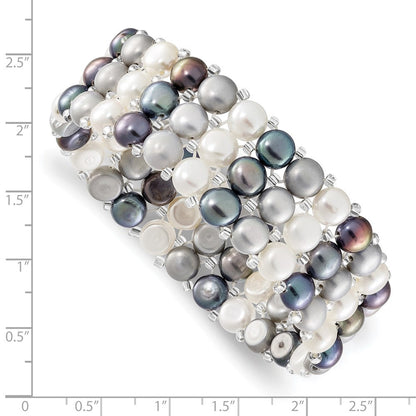 Mode 6-7mm Weiß/grey/black Knopf Süßwasser Zuchtperle und Glas Gekugelt 3-row Dehnbar Armband