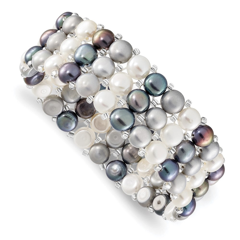 Mode 6-7mm Weiß/grey/black Knopf Süßwasser Zuchtperle und Glas Gekugelt 3-row Dehnbar Armband