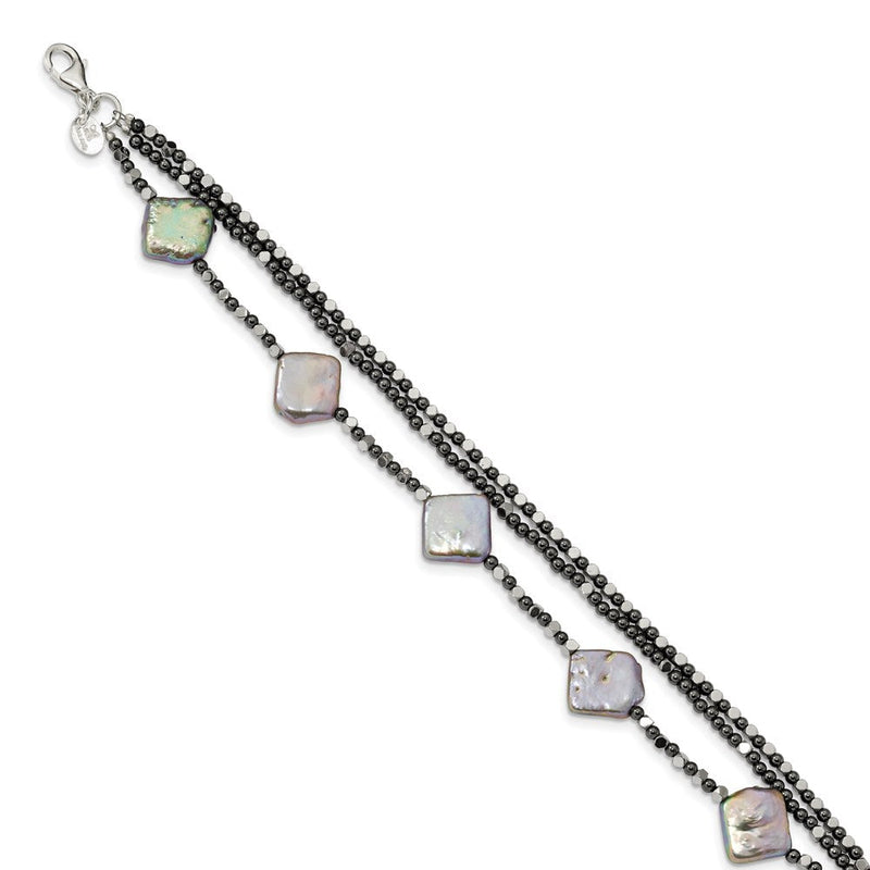 8 Zoll Sterlingsilber Hematite & Fw Cult. Perle 3-strand W1in Verlängerung. Fantasie Armband