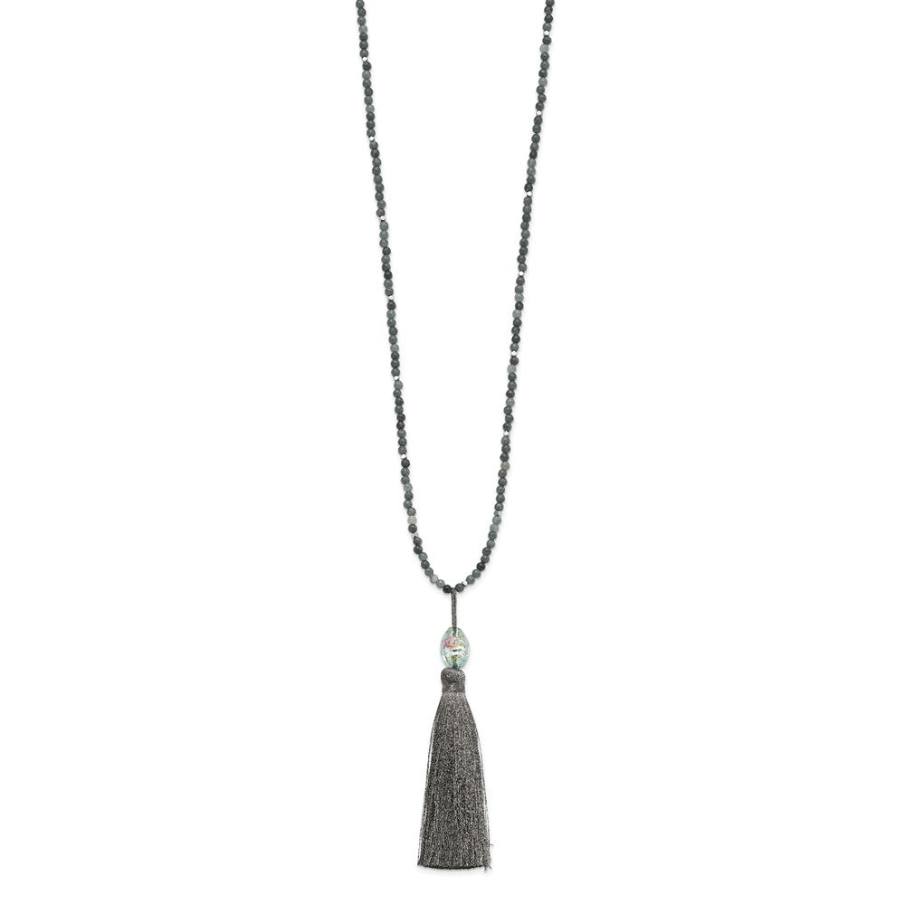 Sterlingsilber Ss Grün Glas/hematite/grey Quarz mit Nylon Tassel Tropfen Halskette
