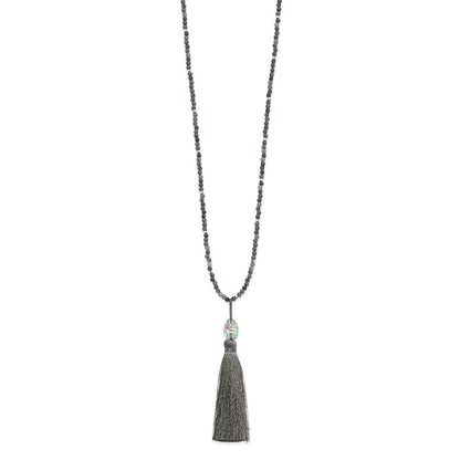 Sterlingsilber Ss Grün Glas/hematite/grey Quarz mit Nylon Tassel Tropfen Halskette