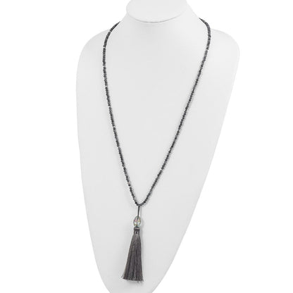 Sterlingsilber Ss Grün Glas/hematite/grey Quarz mit Nylon Tassel Tropfen Halskette
