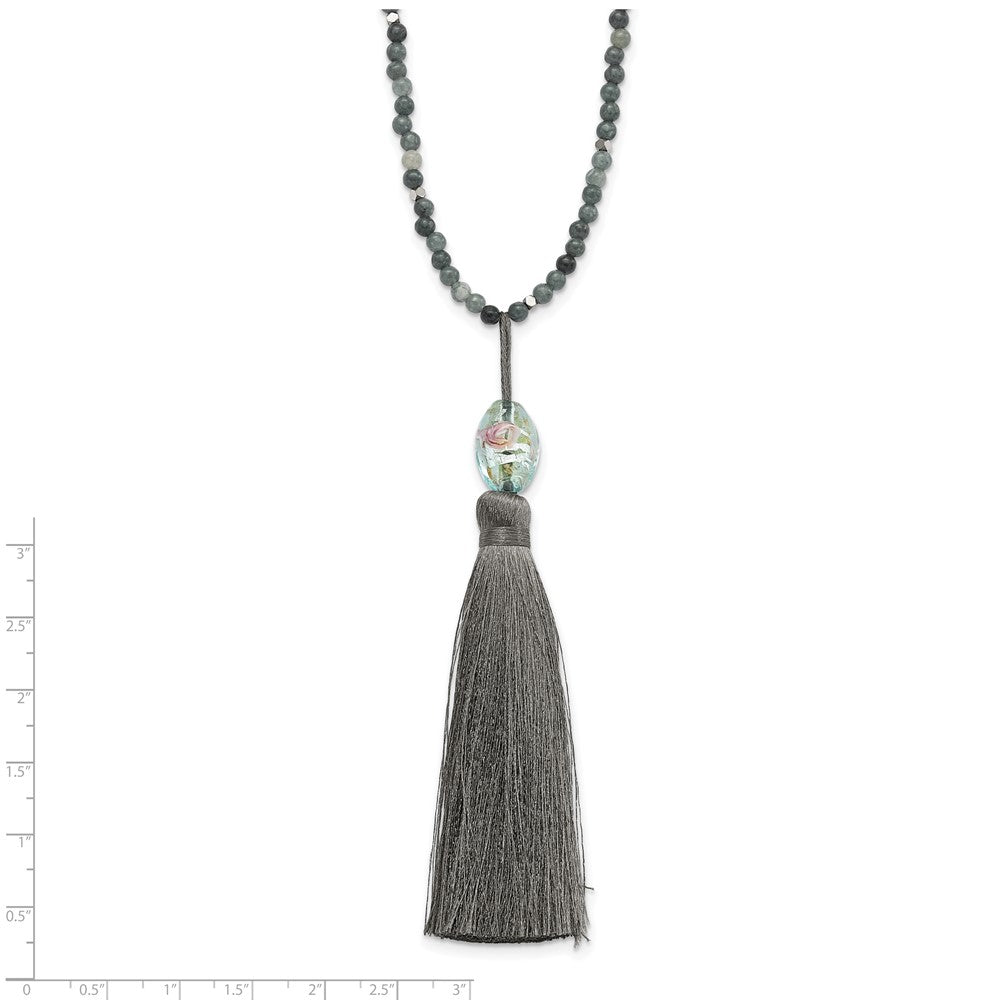 Sterlingsilber Ss Grün Glas/hematite/grey Quarz mit Nylon Tassel Tropfen Halskette