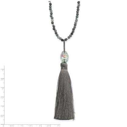 Sterlingsilber Ss Grün Glas/hematite/grey Quarz mit Nylon Tassel Tropfen Halskette