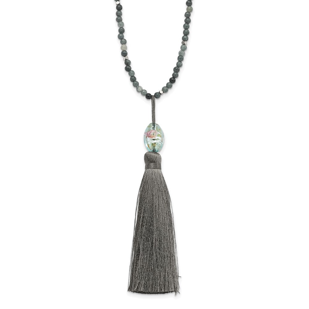 Sterlingsilber Ss Grün Glas/hematite/grey Quarz mit Nylon Tassel Tropfen Halskette