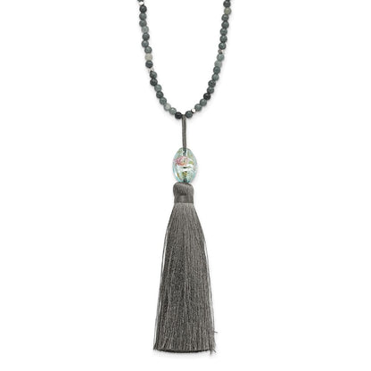 Sterlingsilber Ss Grün Glas/hematite/grey Quarz mit Nylon Tassel Tropfen Halskette