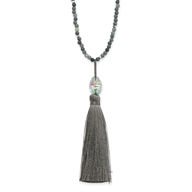 Sterlingsilber Ss Grün Glas/hematite/grey Quarz mit Nylon Tassel Tropfen Halskette