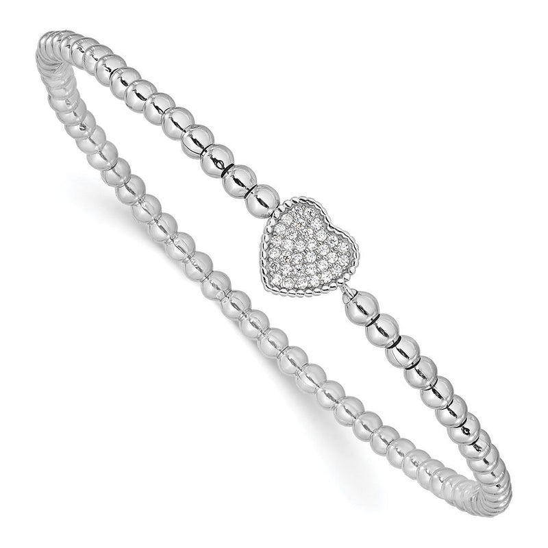 7 Zoll Sterlingsilber Rhodiniert Poliert Gekugelt Zirkonia Herz Dehnbar Armband