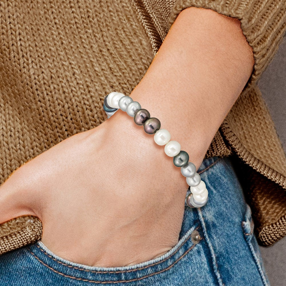 Mode 6-7mm Schwarz/grey/white Süßwasser Zuchtperle Dehnbar Armband