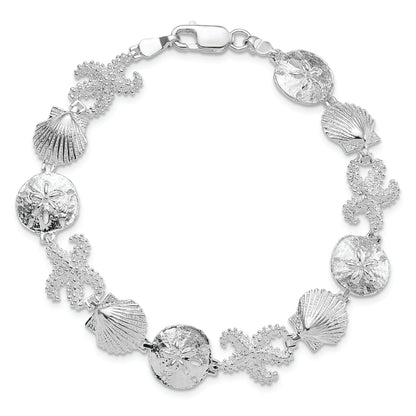 7.25 Zoll De-ani Sterlingsilber Rhodiniert Poliert Seestern / Muschel Sand Dollar Armband