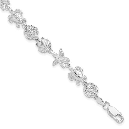 Sterlingsilber De-ani Rhodiniert Poliert und Strukturiert Meer Leben 7.25 Zoll Armband
