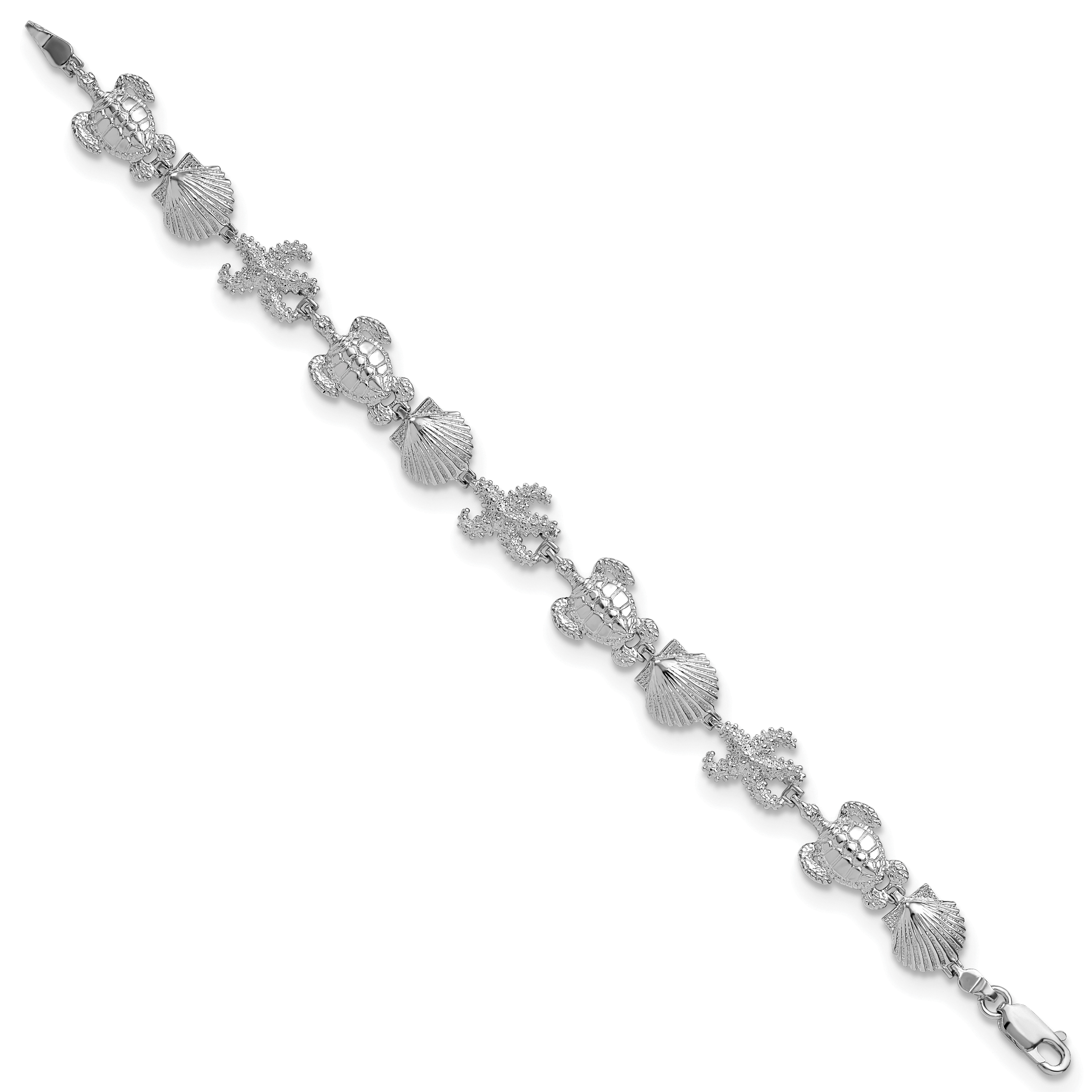 7.5 Zoll De-ani Sterlingsilber Rhodiniert Poliert Schildkröte / Muschel Seestern Armband