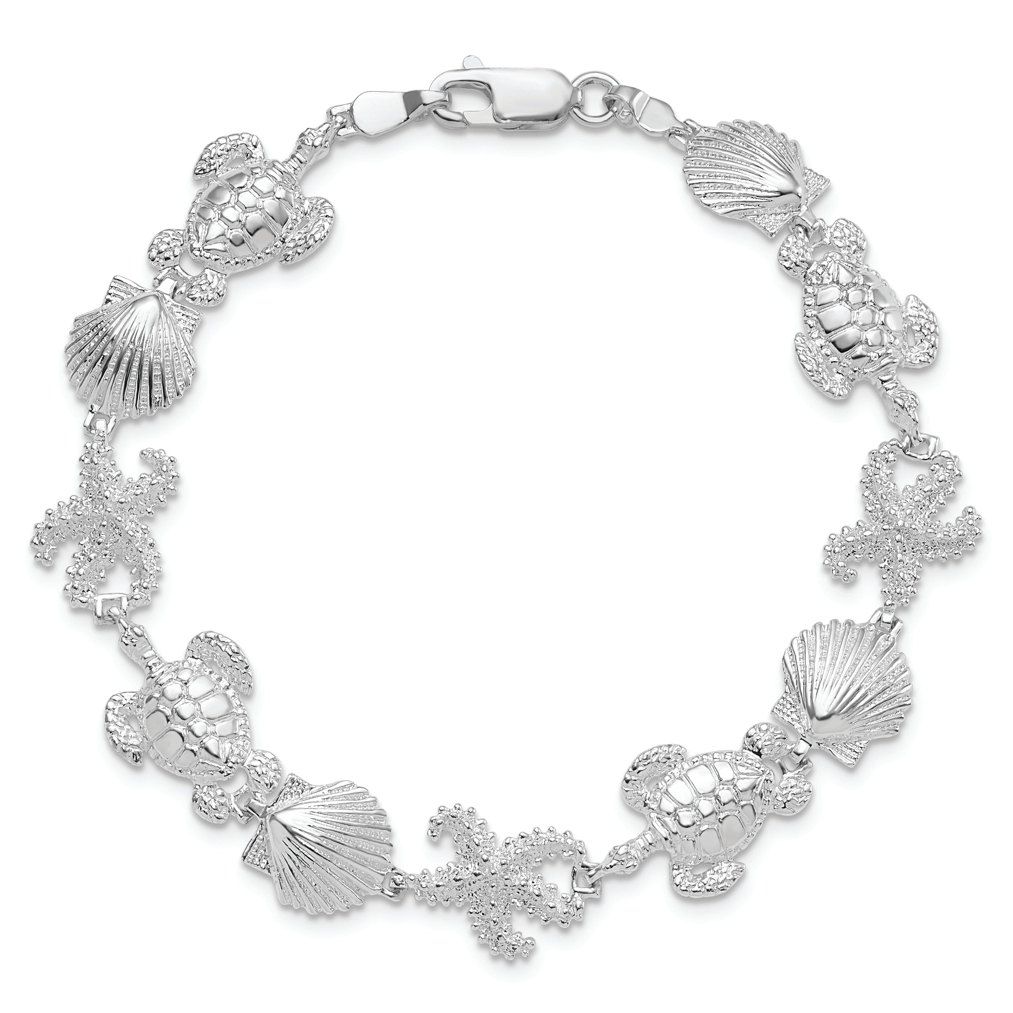 7.5 Zoll De-ani Sterlingsilber Rhodiniert Poliert Schildkröte / Muschel Seestern Armband