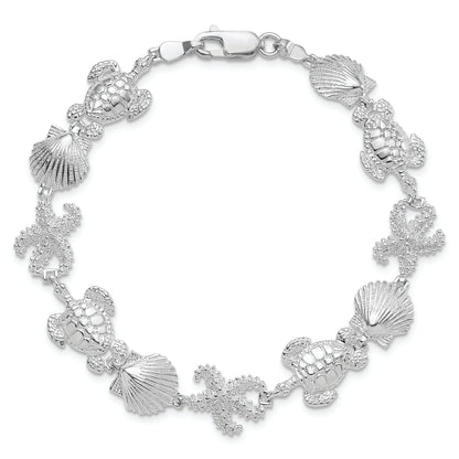7.5 Zoll De-ani Sterlingsilber Rhodiniert Poliert Schildkröte / Muschel Seestern Armband