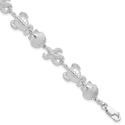 7.5 Zoll De-ani Sterlingsilber Rhodiniert Poliert Schildkröte / Muschel Seestern Armband