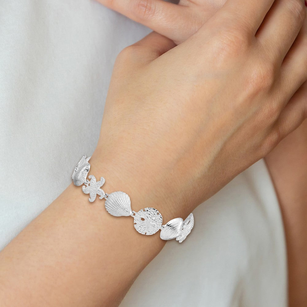 7.25 Zoll De-ani Sterlingsilber Rhodiniert Poliert Schildkröte / Muschel Seestern Clam Armband