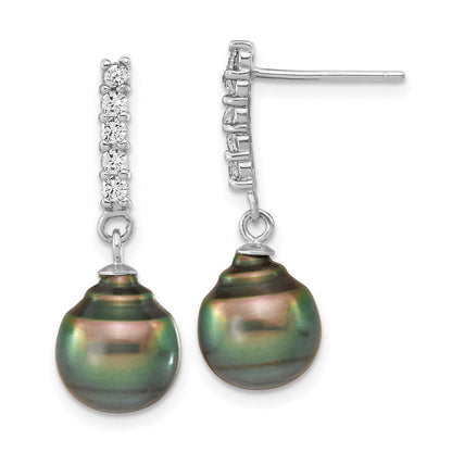 Sterlingsilber Rhodiniert 9-10mm Tahitian Salzwasser Perle Zirkonia Ohr & Neck Set