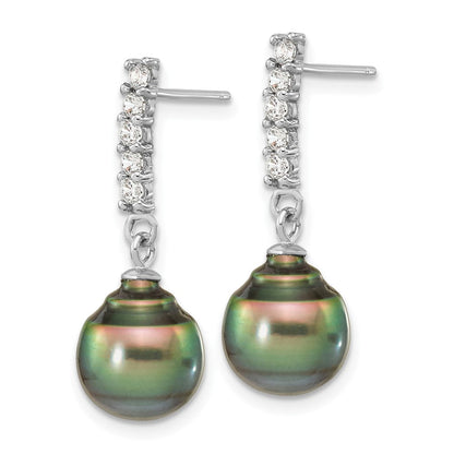 Sterlingsilber Rhodiniert 9-10mm Tahitian Salzwasser Perle Zirkonia Ohr & Neck Set